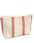 Premium linen union toiletry bag with red stripes, compact travel organizer for men and women, stylish vintage design, durable zipper closure by Maison Elhoria at brixbailey.com