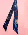 Navy 'Skinny' Silk scarf in the botanical 'Wonderous' Print, delicate, lightweight scarf accessory