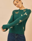 Yumi Green Sequin All Over Applique Bow Knitted Jumper