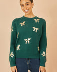 Yumi Green Sequin All Over Applique Bow Knitted Jumper