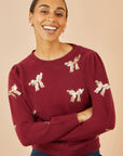 Yumi Burgundy Sequin All Over Applique Bow Knitted Jumper
