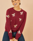 Yumi Burgundy Sequin All Over Applique Bow Knitted Jumper