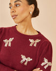 Yumi Burgundy Sequin All Over Applique Bow Knitted Jumper
