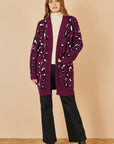 Yumi Burgundy Animal Intarsia Long Cardigan