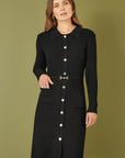 Yumi Black Rib Knit Midi Shirt Dress With Snaffle Belt
