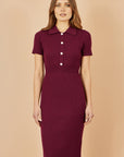 Yumi Burgundy Fitted Rib Knitted Midi Dress With Daisy Buttons