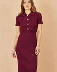 Yumi Burgundy Fitted Rib Knitted Midi Dress With Daisy Buttons