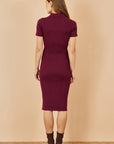 Yumi Burgundy Fitted Rib Knitted Midi Dress With Daisy Buttons