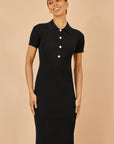 Yumi Black Fitted Rib Knitted Midi Dress With Daisy Buttons