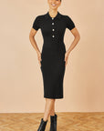 Yumi Black Fitted Rib Knitted Midi Dress With Daisy Buttons