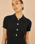 Yumi Black Fitted Rib Knitted Midi Dress With Daisy Buttons