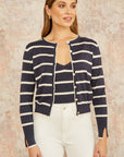 Yumi Navy Striped Sparkle Knitted Cardigan