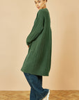 Yumi Green Cable Knit Edge to Edge Long Cardigan With Pockets