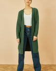 Yumi Green Cable Knit Edge to Edge Long Cardigan With Pockets