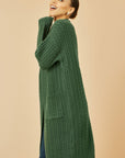 Yumi Green Cable Knit Edge to Edge Long Cardigan With Pockets
