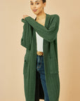 Yumi Green Cable Knit Edge to Edge Long Cardigan With Pockets