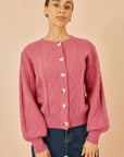 Yumi Pink Relaxed Fit Cable Cardigan