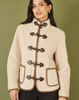 Yumi Cream Borg Jacket With Faux Leather Button Details
