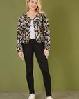Yumi Black Floral Print Reversible Cotton Cropped Quilted Jacket