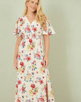 Yumi White Floral Recycled Fabric Ruched Waist Midi Dress