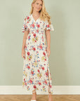 Yumi White Floral Recycled Fabric Ruched Waist Midi Dress