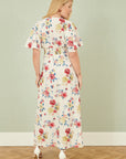 Yumi White Floral Recycled Fabric Ruched Waist Midi Dress