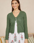 Yumi Green Crochet Tie Front Cardigan