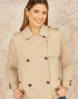 Yumi Beige Cropped Trench Jacket With Pockets and Check Lining