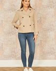 Yumi Beige Cropped Trench Jacket With Pockets and Check Lining