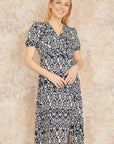 Yumi Navy Ikat Print Midi Dress With Split Hem