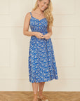 Yumi Blue Block Print Midi Sun Dress With Button Details