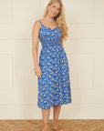 Yumi Blue Block Print Midi Sun Dress With Button Details