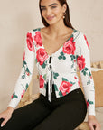 Yumi White Rose Print Cardigan With Tie Front