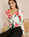 Yumi White Rose Print Cardigan With Tie Front