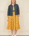 Yumi Mustard Floral Skater Dress With Denim Trims
