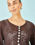 Yumi Brown Flower Crochet Button Up Cardigan