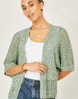 Yumi Green Crochet Edge To Edge 3/4 Sleeve Cardigan