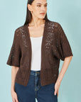 Yumi Brown Crochet Edge To Edge 3/4 Sleeve Cardigan