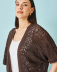 Yumi Brown Crochet Edge To Edge 3/4 Sleeve Cardigan