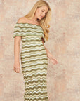 Yumi Green Stripe Crochet Knit Bardot Midi Dress