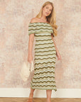 Yumi Green Stripe Crochet Knit Bardot Midi Dress