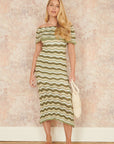 Yumi Green Stripe Crochet Knit Bardot Midi Dress
