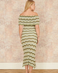 Yumi Green Stripe Crochet Knit Bardot Midi Dress