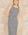 Yumi Navy Striped Jersey Ruched Midi Dress