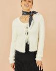 Yumi Ivory Eyelash Fluffy Knit Bolero With Tie Front