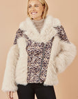 Yumi Cream Fur Biker Jacket With Leopard Print