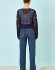 Yumi Navy Tie Front Cardigan With Flower Design