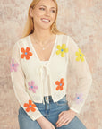 Yumi White Tie Front Cardigan With Flower Design