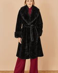 Yumi Black Wrap Faux Fur Coat With Oversize Collar