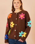 Yumi Brown Knitted Flower Applique Cardigan